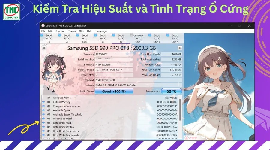 Giao diện phần mềm CrystalDiskInfo hiển thị thông tin ổ cứng