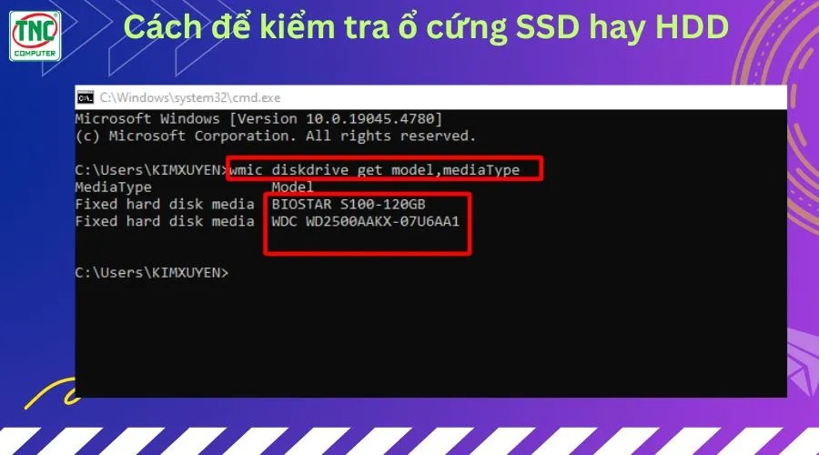 Giao diện Command Prompt hiển thị kết quả kiểm tra loại ổ cứng