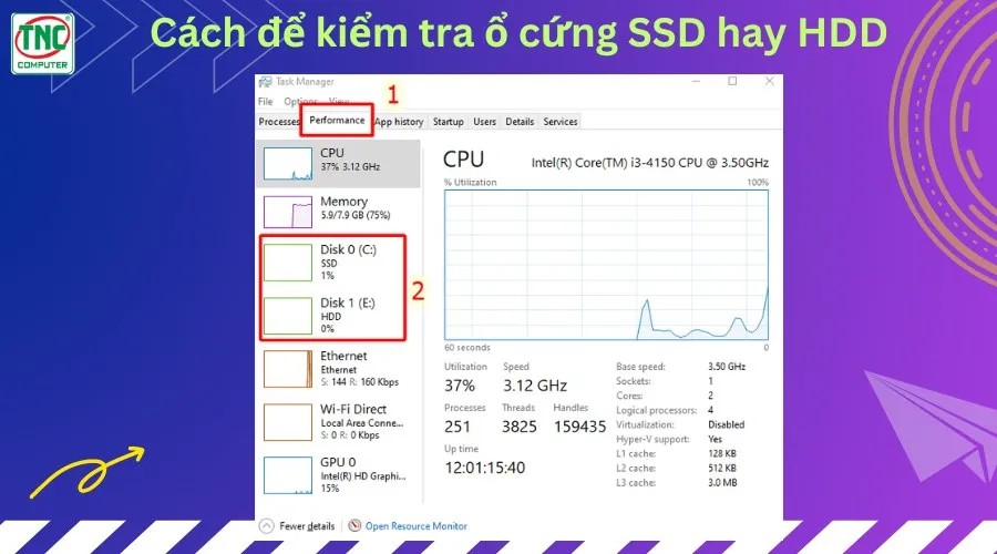 Hình ảnh minh họa cách kiểm tra loại ổ cứng SSD hoặc HDD trong Task Manager