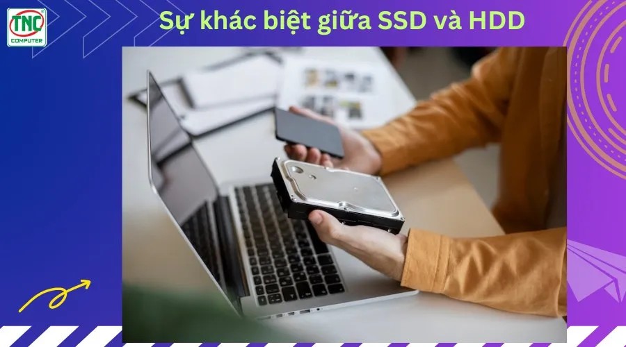 Minh họa so sánh cấu trúc và cách hoạt động của ổ cứng SSD và HDD