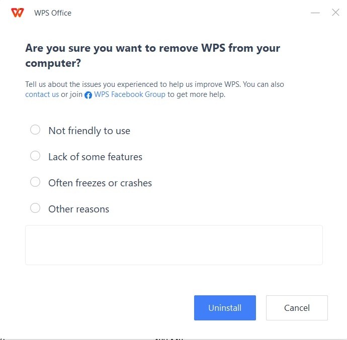 Cửa sổ xác nhận gỡ cài đặt WPS Office, yêu cầu người dùng nhấn Uninstall để hoàn tất quá trình
