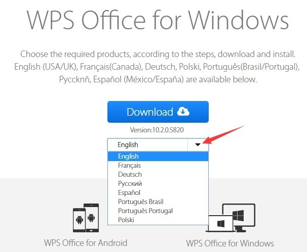 Giao diện trang web WPS Office với nút tải về, cho phép người dùng lựa chọn phiên bản phù hợp với hệ điều hành của mình