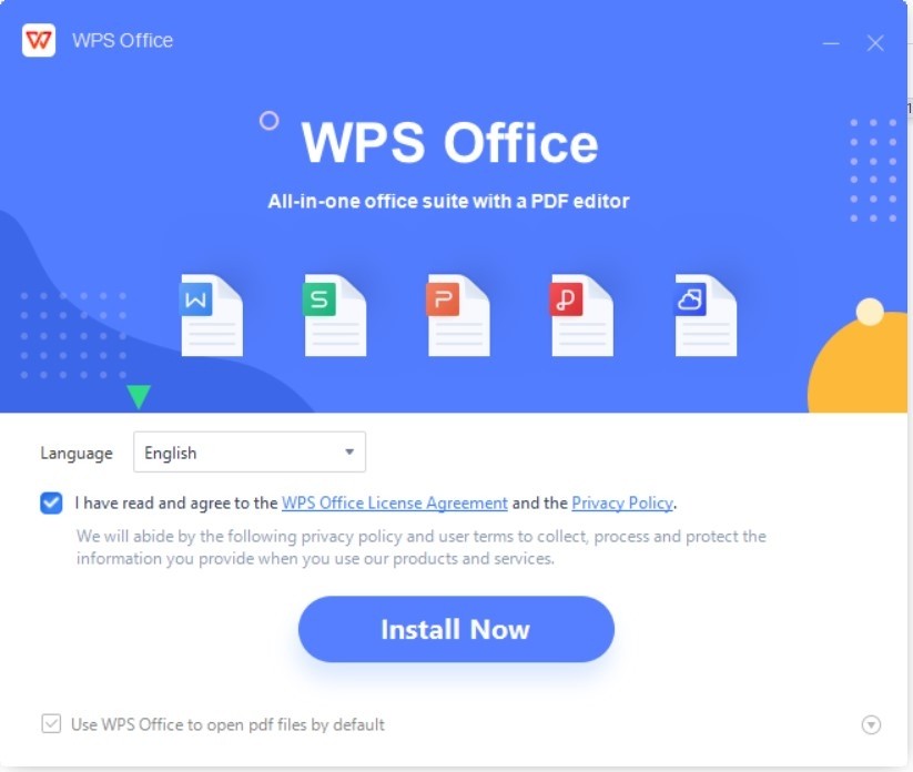 Cửa sổ cài đặt WPS Office, yêu cầu người dùng đồng ý với các điều khoản sử dụng trước khi nhấn Install Now