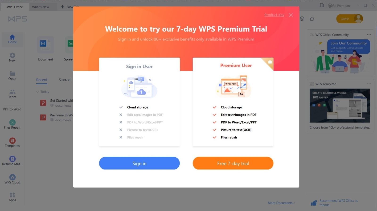 Màn hình chào mừng sau khi cài đặt WPS Office, cung cấp tùy chọn sử dụng phiên bản miễn phí hoặc nâng cấp lên gói Premium có trả phí