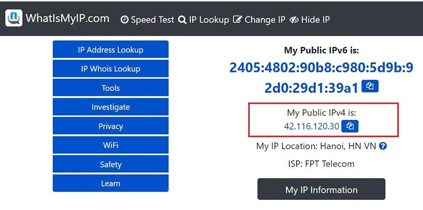 Xem IP qua website WhatIsMyIP.com
