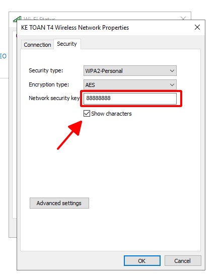 Chọn tab Security và tick vào Show Characters để hiển thị mật khẩu WiFi đang kết nối trên máy tính Win 10.