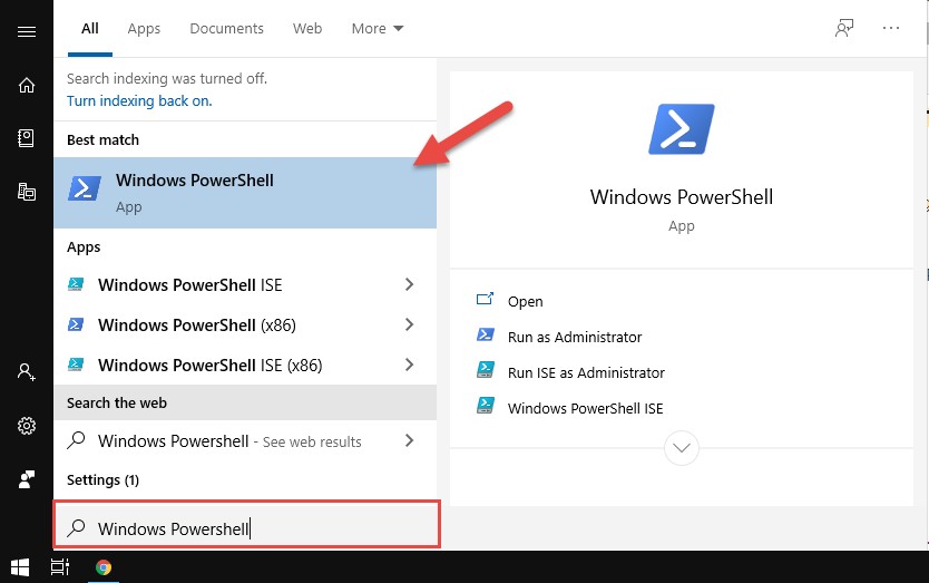 Nhấn vào Start Menu sau đó điền Windows Powershell để mở hộp thoại Windows Powershell.