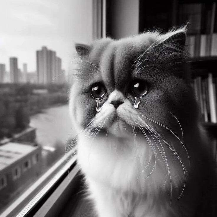Mèo cúi đầu lặng lẽ, đôi mắt rưng rưng muốn nức nở.