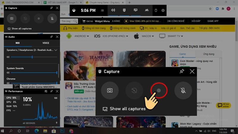 Bắt đầu quay video màn hình bằng biểu tượng chấm tròn của Xbox Game Bar