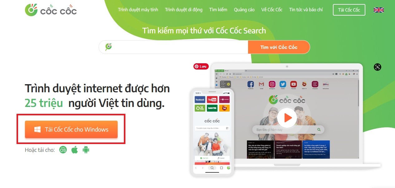 Trang chủ Cốc Cốc với nút tải xuống