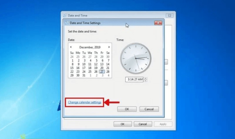 Cửa sổ Date and Time với tab Internet Time và nút Change settings được khoanh đỏ trên Windows 7