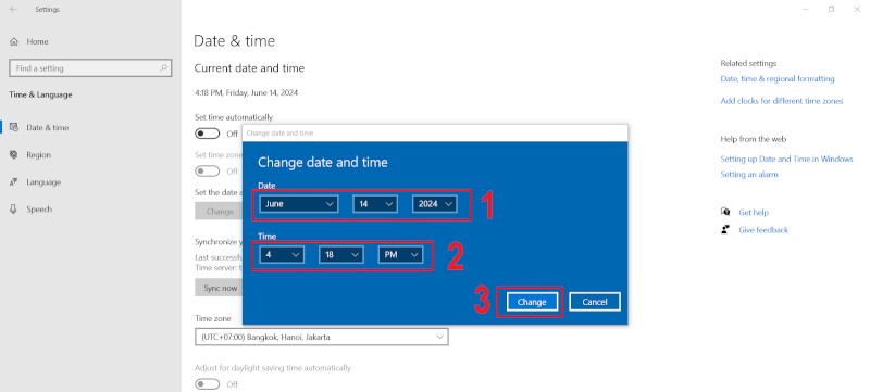 Người dùng điều chỉnh ngày và giờ thủ công trên cửa sổ Change date and time, sau đó nhấn Change