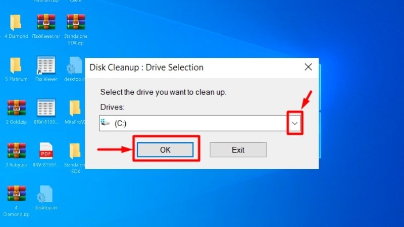 Click chuột vào mũi tên góc phải chọn ổ đĩa bạn muốn làm sạch