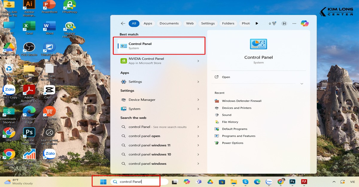 Tìm kiếm và mở Control Panel trên Windows 7
