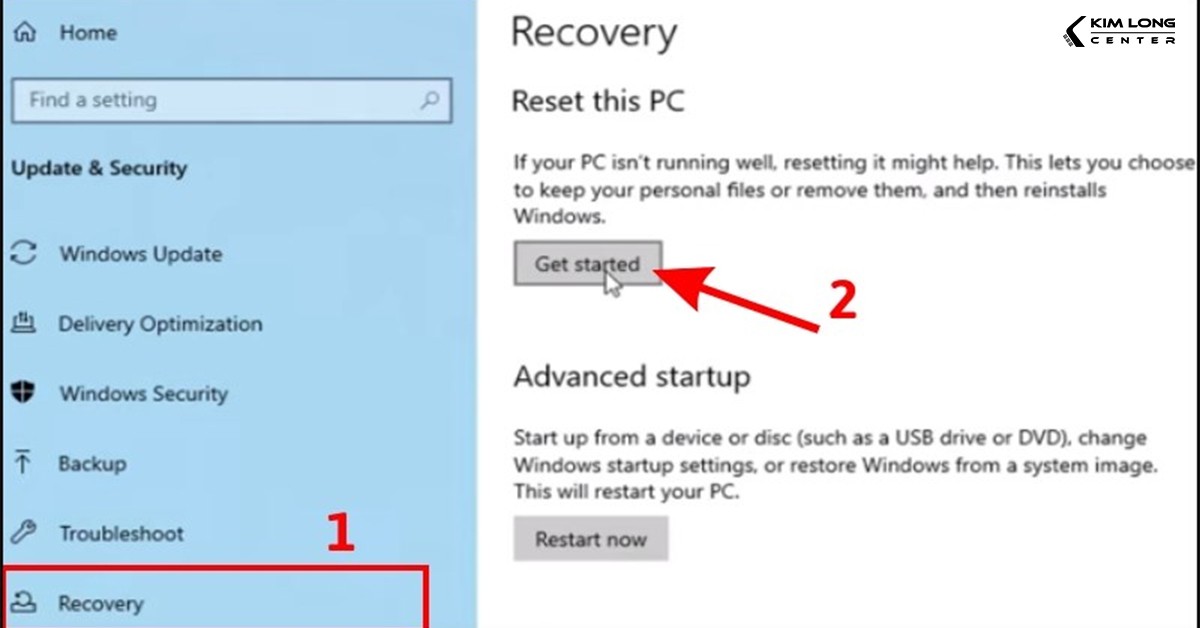 Chọn Recovery và nhấn Get started để reset máy tính