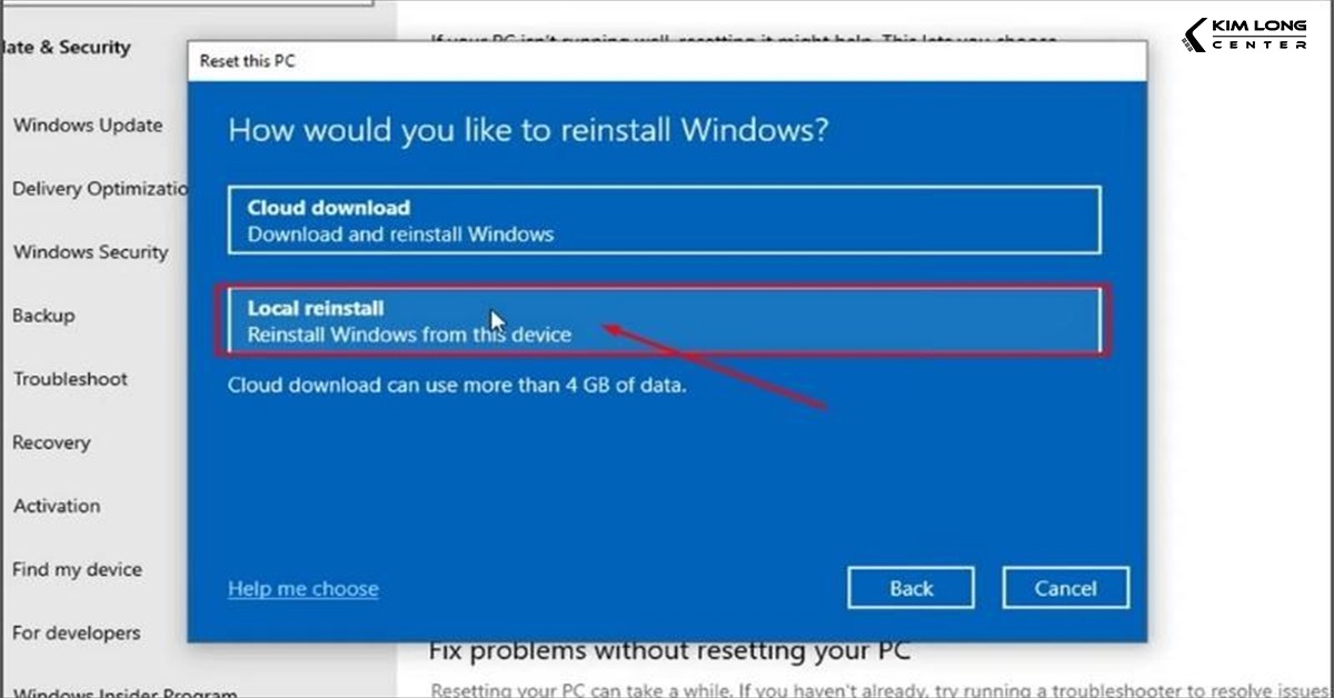 Chọn Local reinstall để cài đặt lại Windows từ ổ đĩa cục bộ