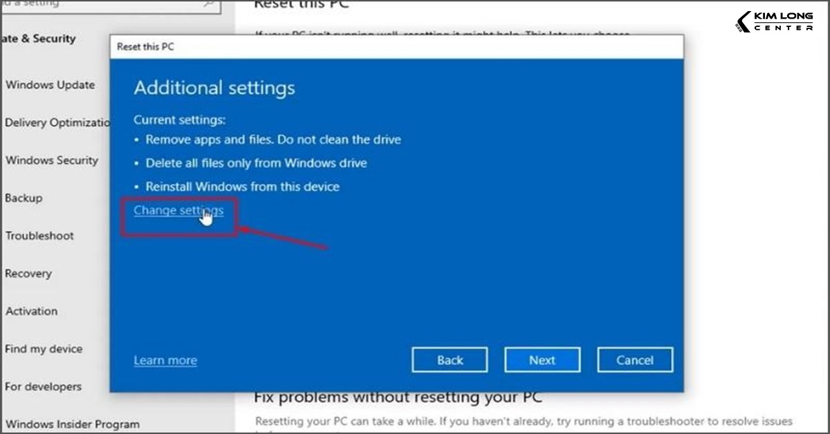 Nhấn Change settings để tùy chỉnh thêm