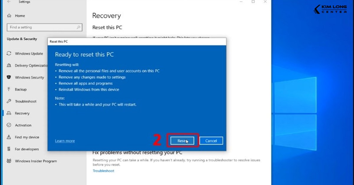 Nhấn Reset để bắt đầu quá trình khôi phục Windows 10