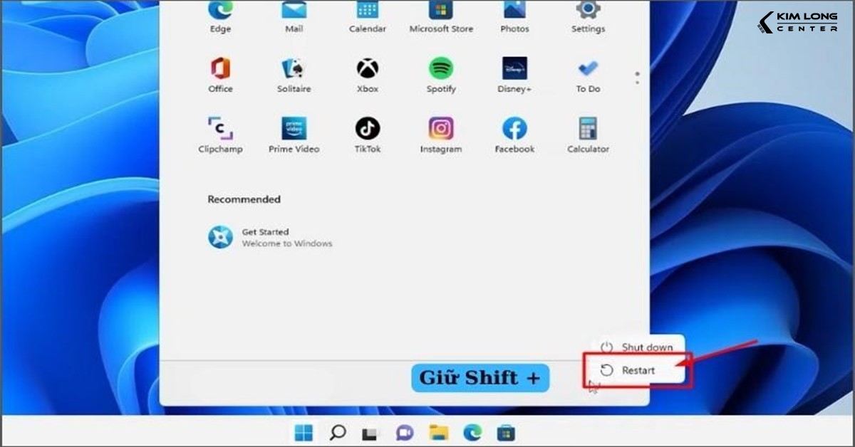 Giữ Shift và Restart để vào Advanced Startup trên Windows 11