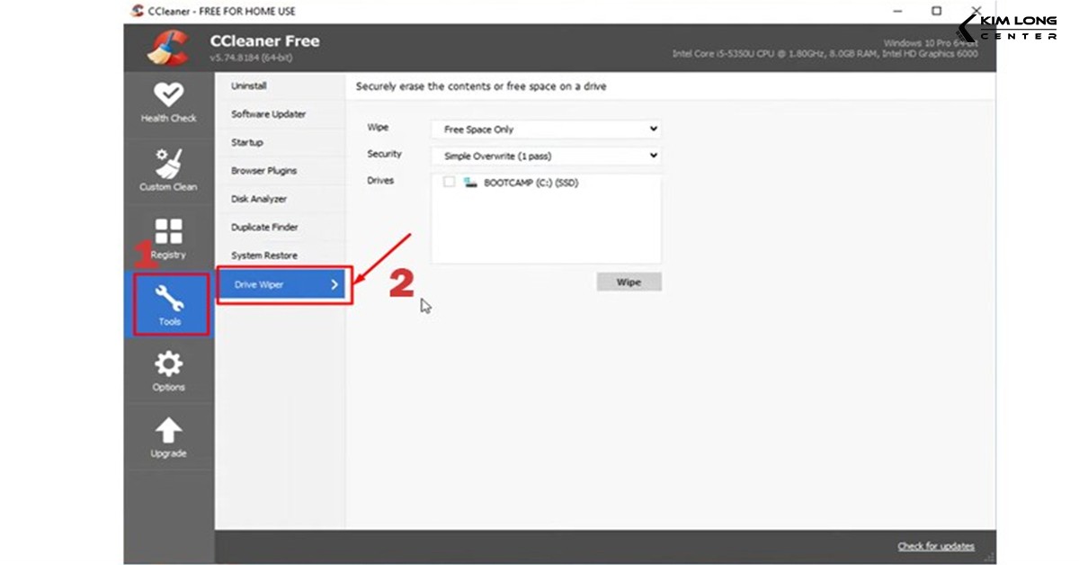 Mở CCleaner và chọn Drive Wiper trong Tools