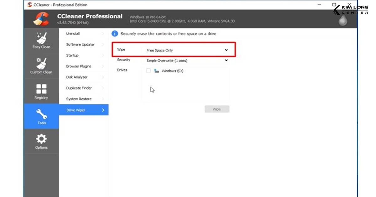 Cấu hình tùy chọn xóa trong CCleaner Drive Wiper