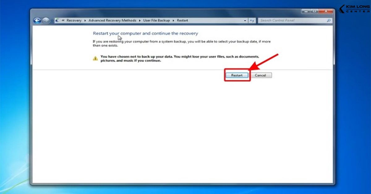 Chọn Restart để bắt đầu quá trình phục hồi