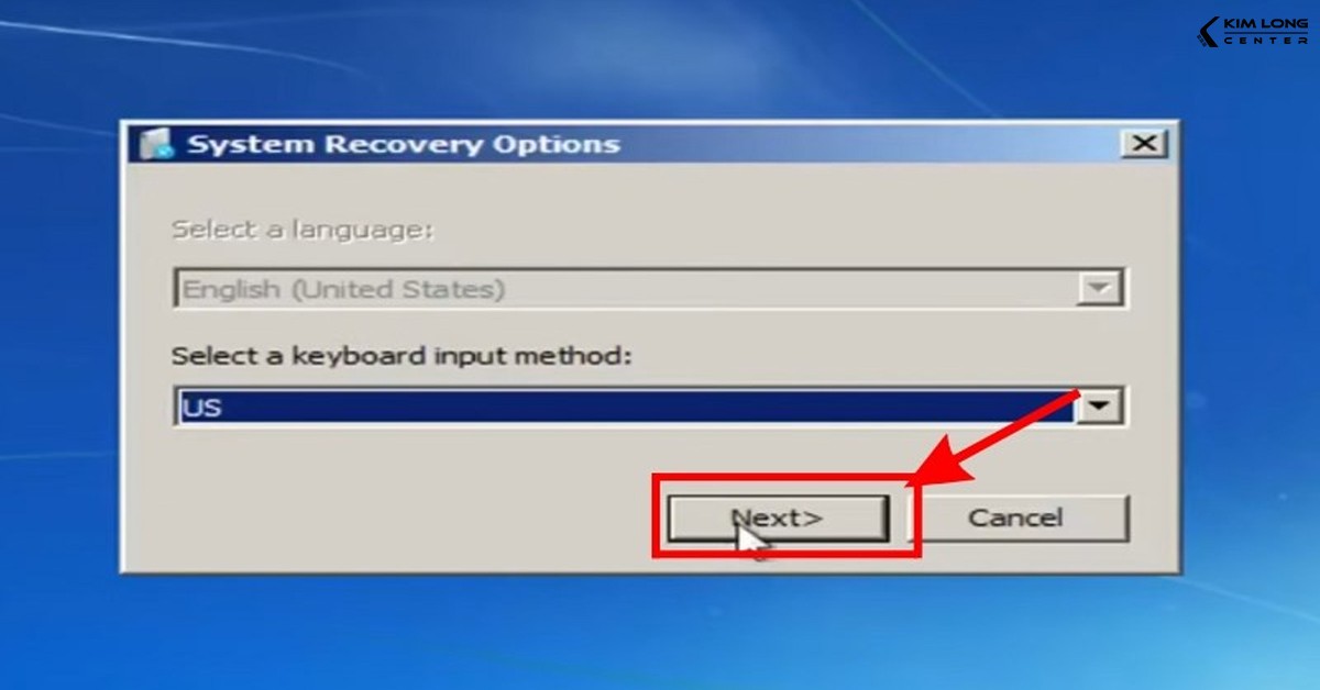 Chọn ngôn ngữ và bàn phím trong System Recovery Option