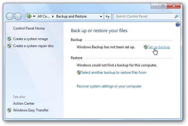 Chọn Set up backup để cấu hình các tùy chọn sao lưu trong Windows 7