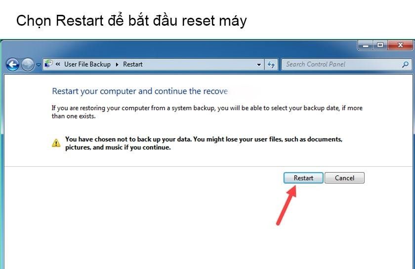 Xác nhận và khởi động lại máy tính để bắt đầu quá trình reset Windows 7