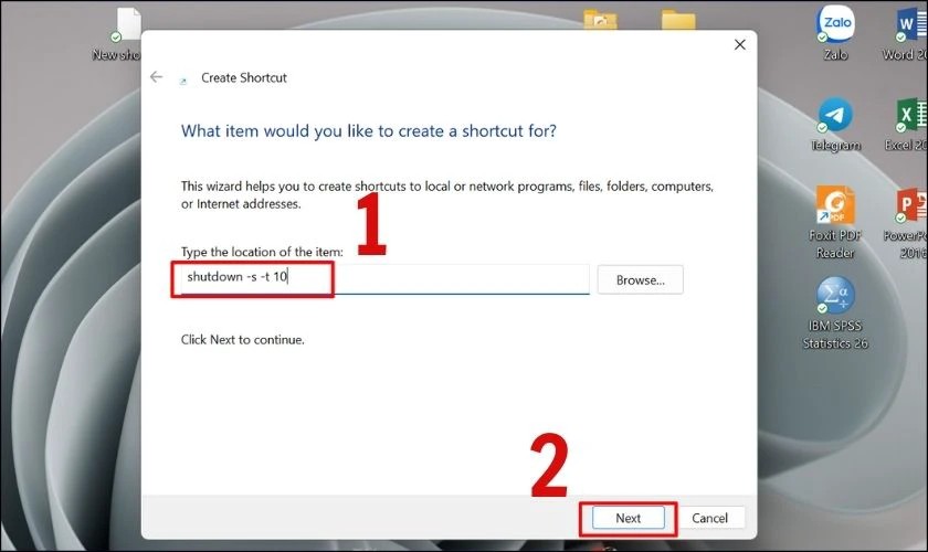Màn hình Desktop đang tạo Shortcut với lệnh shutdown -s -t 10 để hẹn giờ tắt máy tính