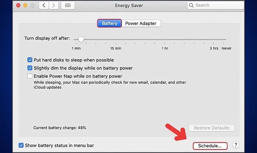 Màn hình Energy Saver trên MacBook, chọn Schedule để cài đặt hẹn giờ tắt máy