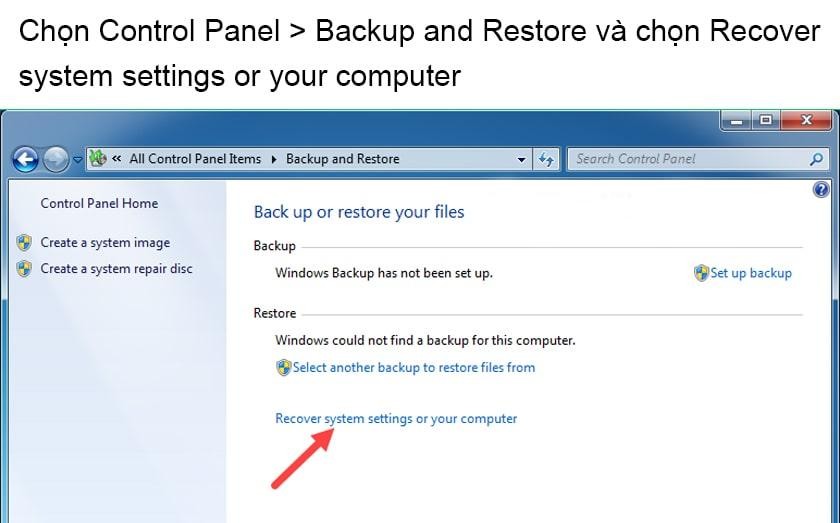 Mở Control Panel và chọn Backup and Restore để bắt đầu quá trình khôi phục Windows 7