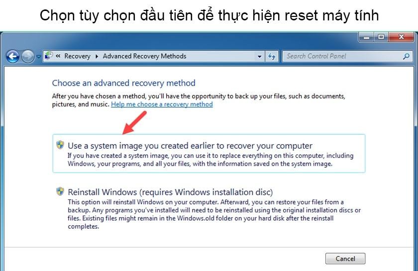 Chọn phương pháp khôi phục nâng cao trong Windows 7