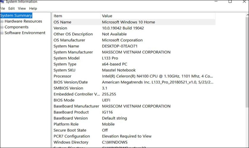 Cửa sổ System Information hiển thị thông tin cấu hình máy tính