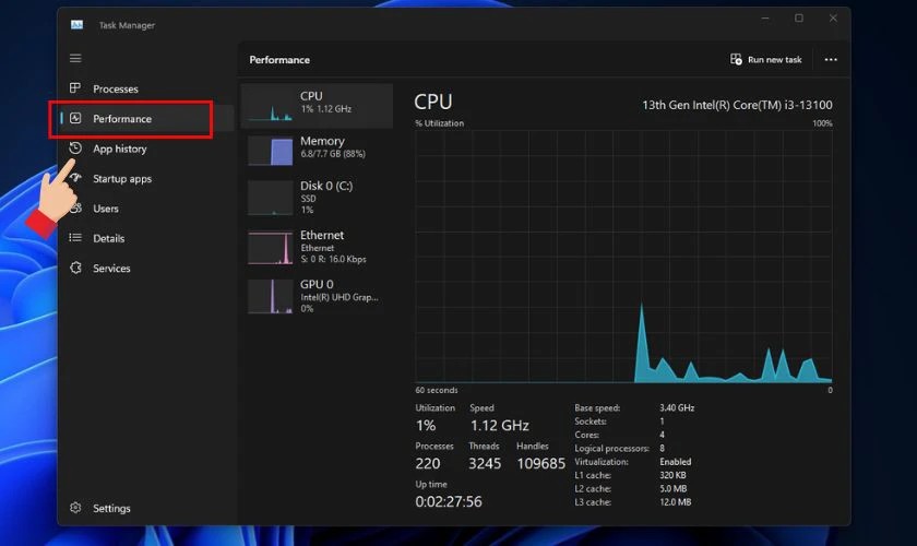 Giao diện tab Performance trong Task Manager hiển thị thông tin CPU