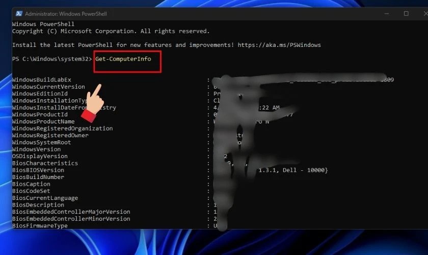 Cửa sổ PowerShell hiển thị thông tin phần cứng máy tính