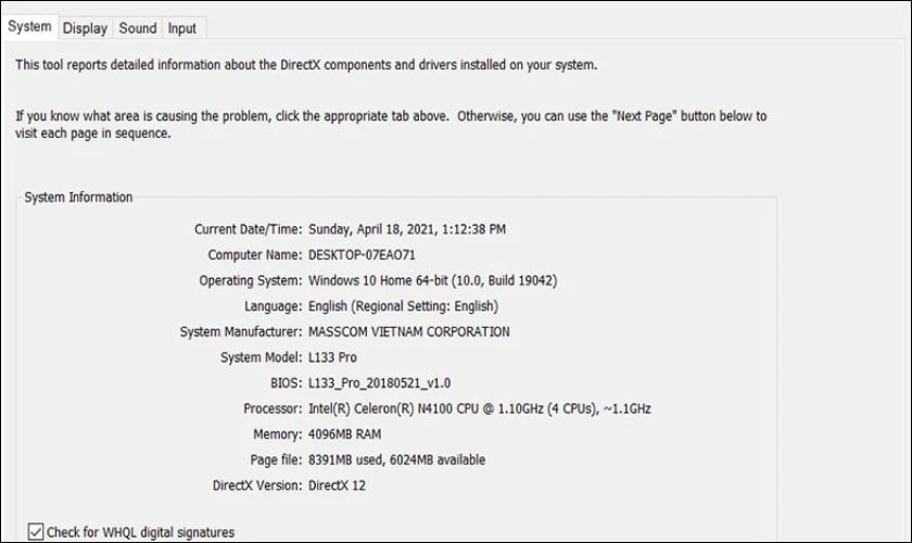 Cửa sổ DirectX Diagnostic Tool hiển thị thông tin hệ thống