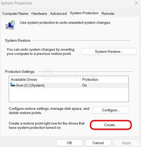Nhấp vào Create để bắt đầu tạo điểm khôi phục thủ công cho Windows 7
