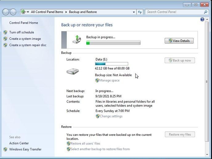 Quá trình sao lưu dữ liệu đang được thực hiện trên Windows 7