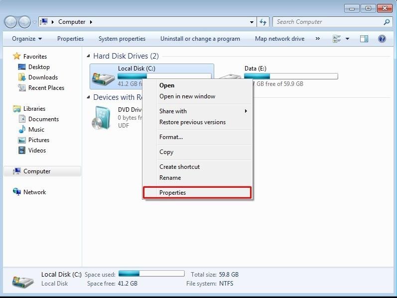 Mở thuộc tính ổ đĩa C để bắt đầu thiết lập sao lưu dữ liệu trong Windows 7