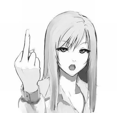 Gương mặt cartoon mím môi rồi giơ ngón fuck tạo vibe bất cần.
