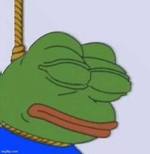 Meme ếch treo cổ mô tả dáng đứng chán nản.